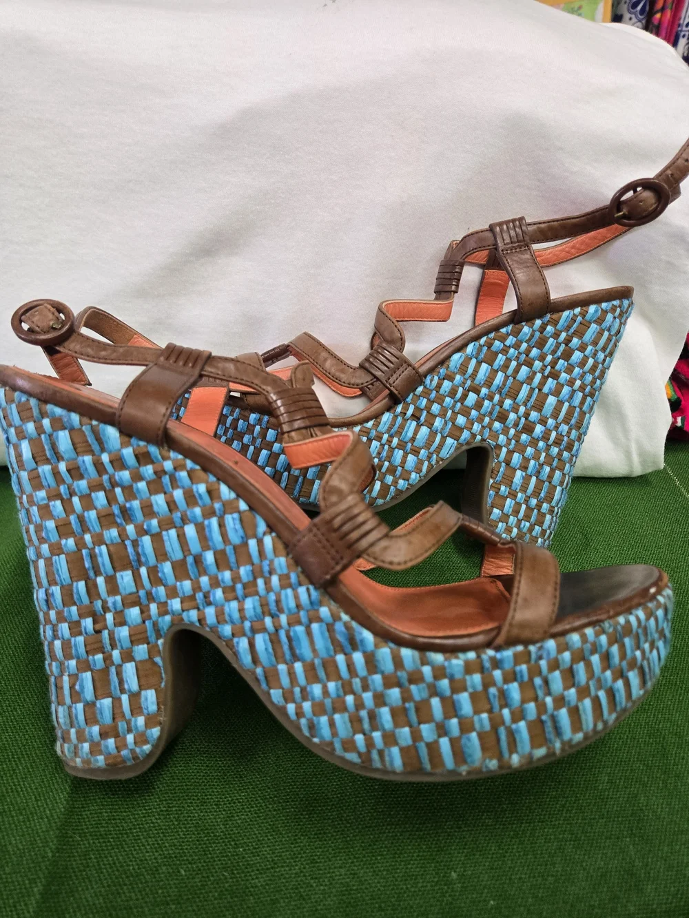 Via Spiga Brown Leather Strappy Platforms with Turquoise Woven Heel